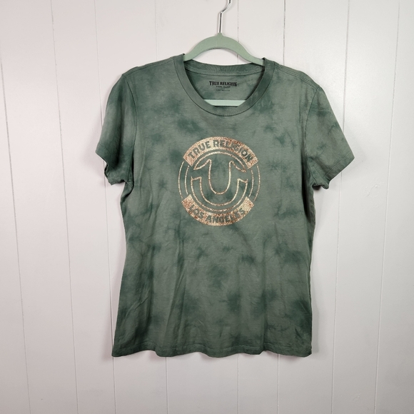 True Religion Green Tie-Dye Cotton Gold Logo Graphic Tee T-Shirt Womens Size XL - Picture 1 of 5
